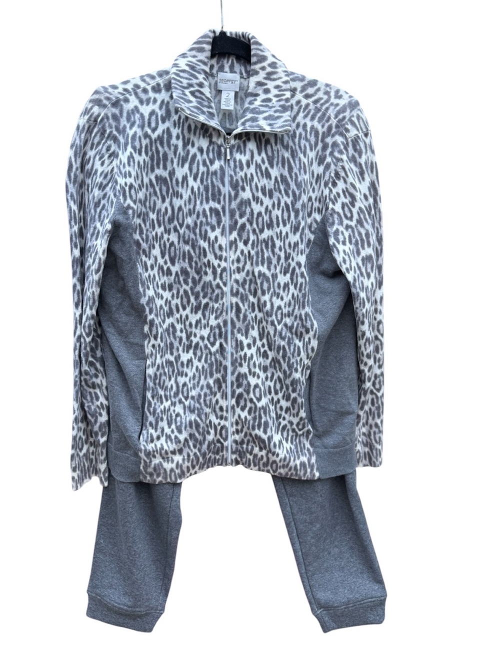 Zenergy by Chico’s Cozy Leopard Print Zip-Up Jacket Set - Gray/White Sz 2